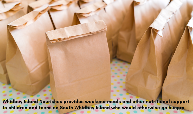 Arrangement of brown-bag lunches, overlaid text reads Whidbey Island Nourishes provides weekend meals and other nutritional support to children and teens on South Whidbey Island who would otherwise go hungry.